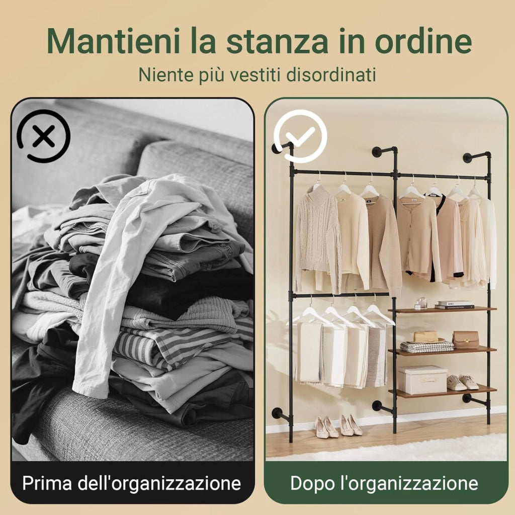 Appendiabiti a Parete con 3 Aste Appendiabiti + 3 Ripiani MDF, Porta Abiti per Camera da Letto, 168x46x220cm, Industriale Nero KLS18-SCH