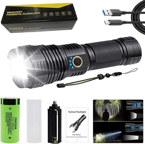 Lanterna militare - Lanterna - Lanterne - 5 modalità di illuminazione regolabili - Funzione di ingrandimento - Ricarica via USB C - 15000 Lumen - Impermeabile - Nero