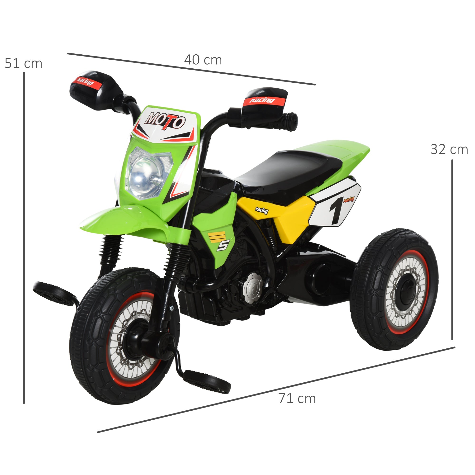Easycomfort Triciclo per Bambini Stile Moto a Pedali con Luci e Suoni, 3 Ruote Larghe, Età 18-36 Mesi, 71x40x51cm, Verde