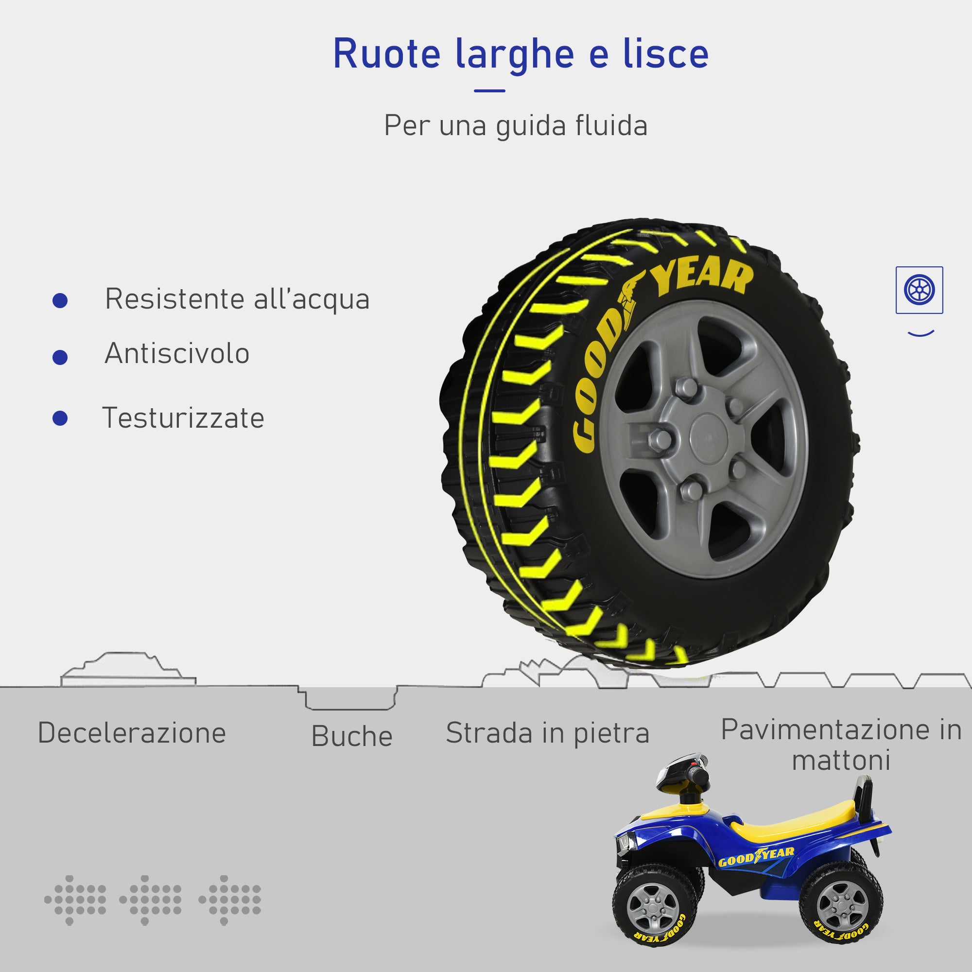 Easycomfort Quad Giocattolo per Bambini 18-36 Mesi con Licenza GOODYEAR con Luci e Suoni Realistici, Blu e Giallo, 60x31x42cm
