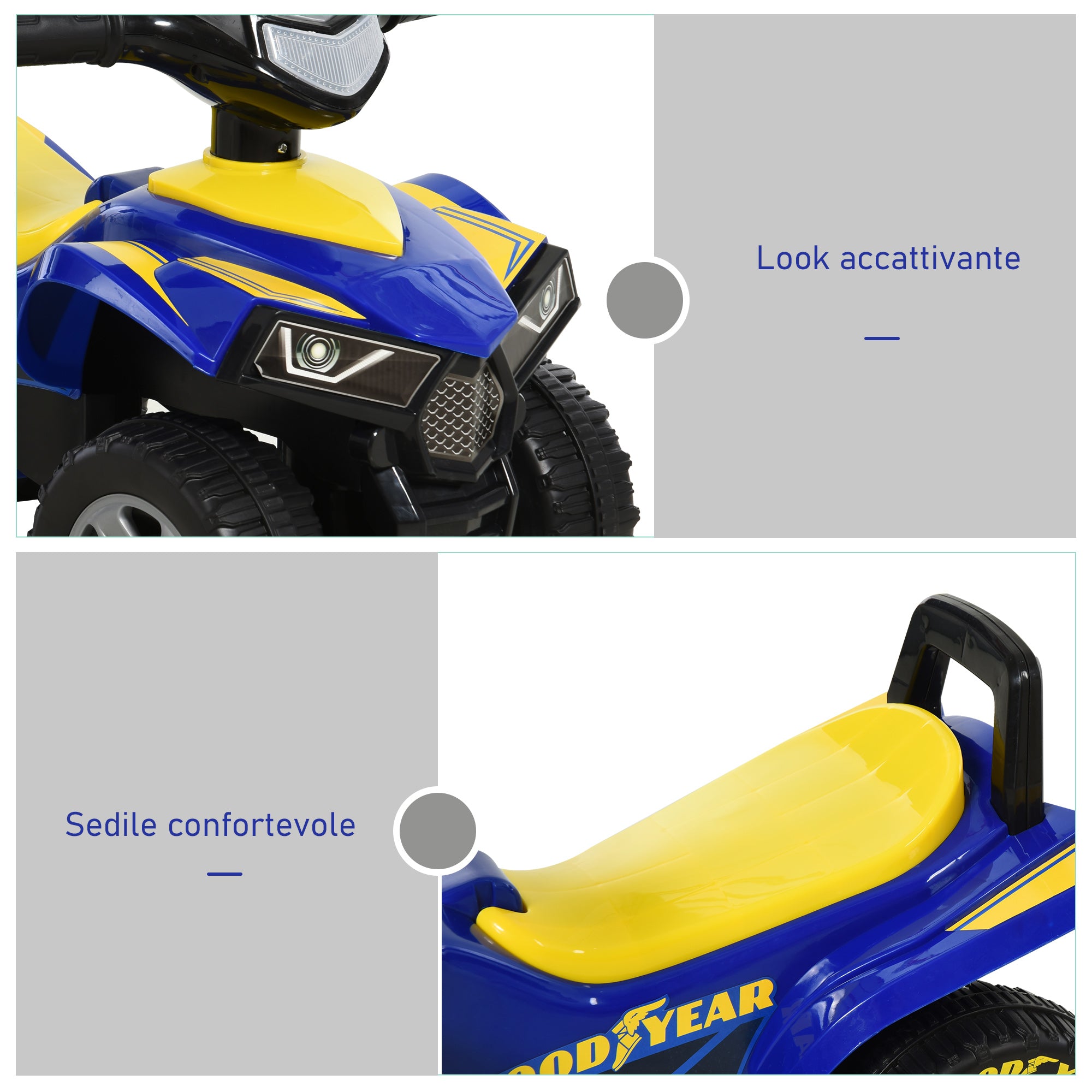 Easycomfort Quad Giocattolo per Bambini 18-36 Mesi con Licenza GOODYEAR con Luci e Suoni Realistici, Blu e Giallo, 60x31x42cm