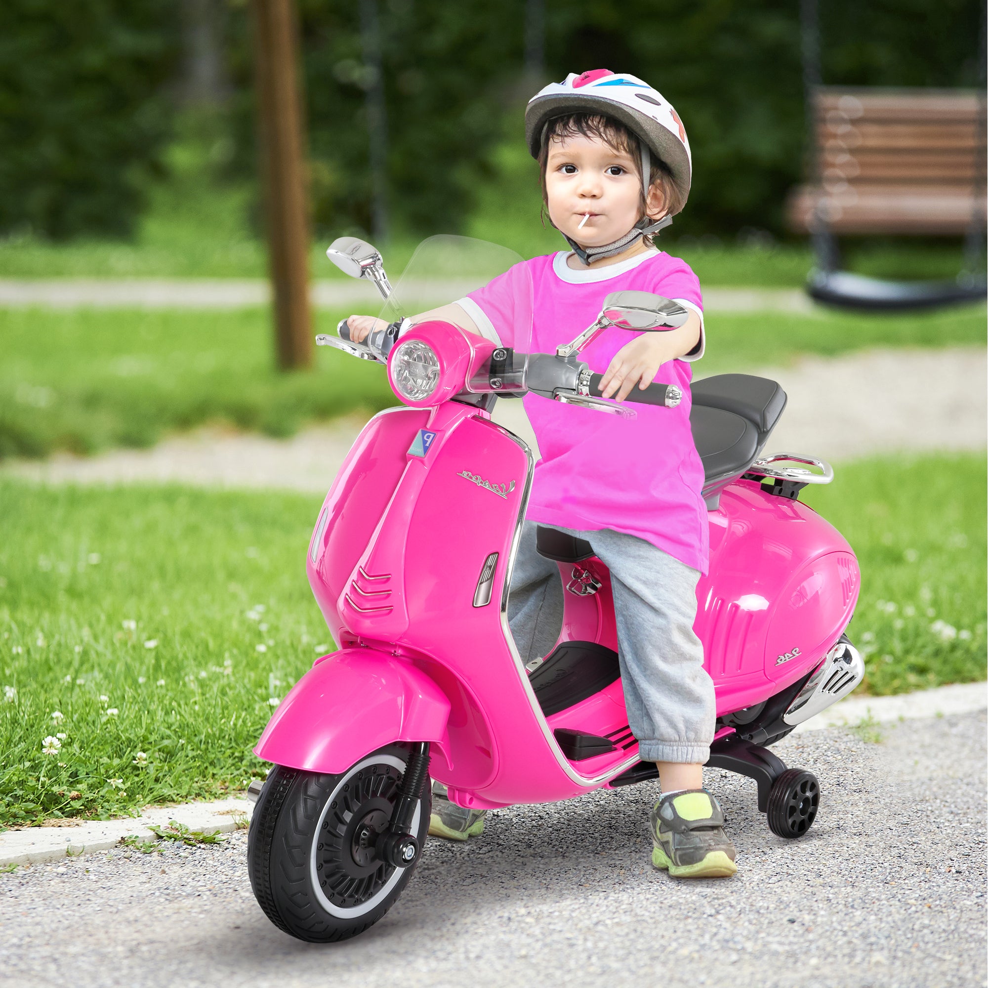Easycomfort Moto Elettrica per Bambini con Licenza Ufficiale Vespa, 2 Rotelle, Luci e Suoni, 108x49x75 cm, Rosa