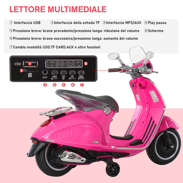Easycomfort Moto Elettrica per Bambini con Licenza Ufficiale Vespa, 2 Rotelle, Luci e Suoni, 108x49x75 cm, Rosa