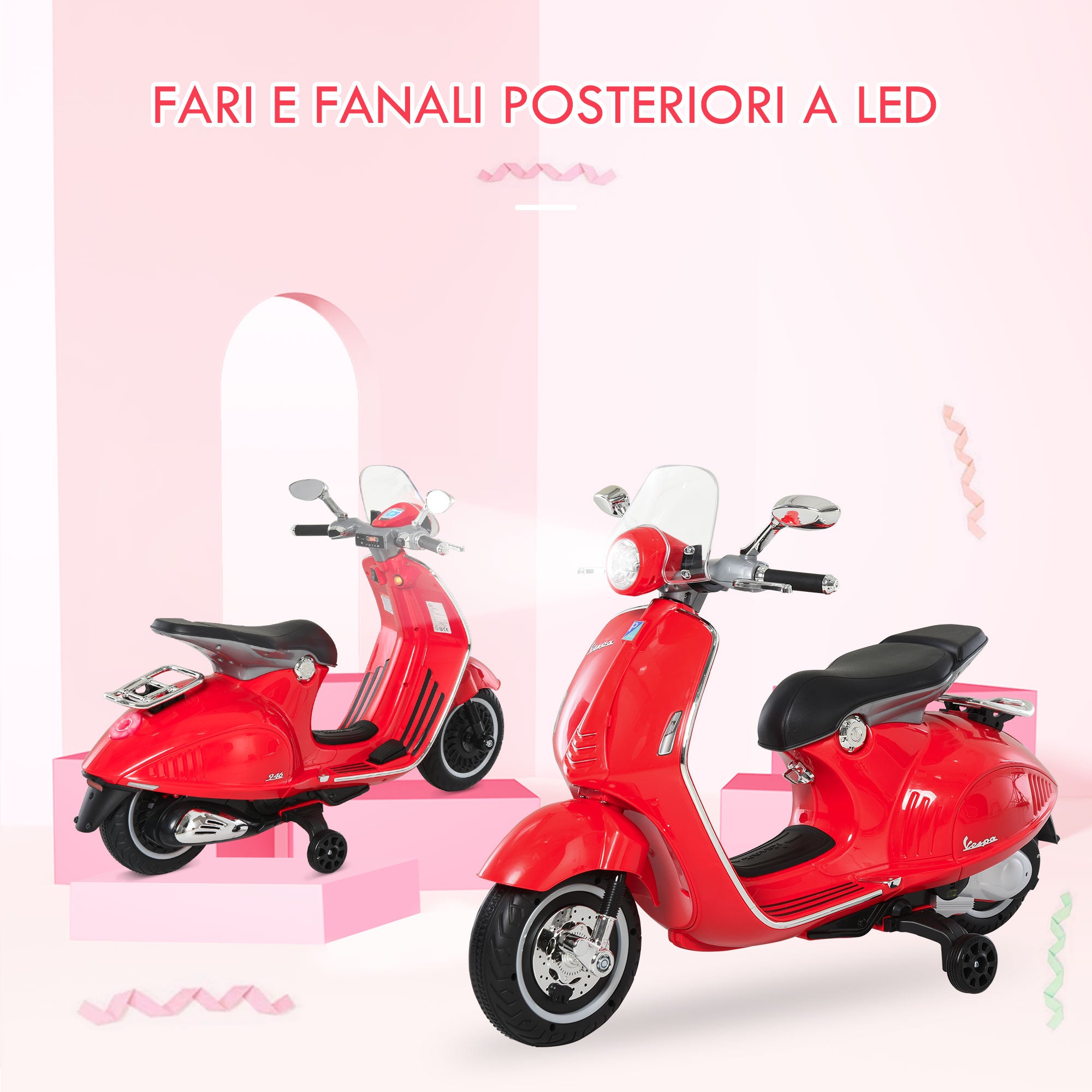Easycomfort Moto Elettrica per Bambini con Licenza Ufficiale Vespa, 2 Rotelle, Luci e Suoni, 108x49x75 cm, Rossa
