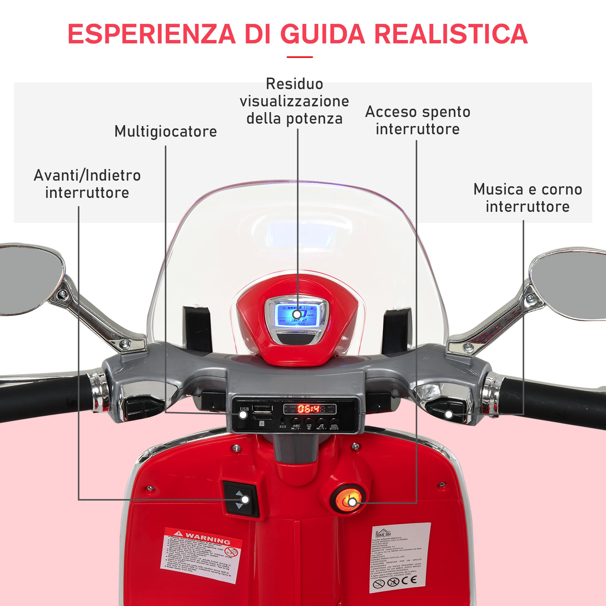Easycomfort Moto Elettrica per Bambini con Licenza Ufficiale Vespa, 2 Rotelle, Luci e Suoni, 108x49x75 cm, Rossa