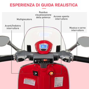 Easycomfort Moto Elettrica per Bambini con Licenza Ufficiale Vespa, 2 Rotelle, Luci e Suoni, 108x49x75 cm, Rossa