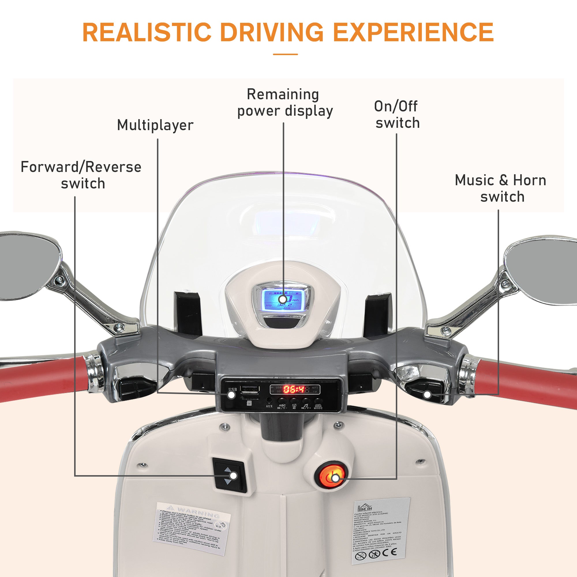 Easycomfort Moto Elettrica per Bambini con Licenza Ufficiale Vespa, 2 Rotelle, Luci e Suoni, 108x49x75 cm, Bianca