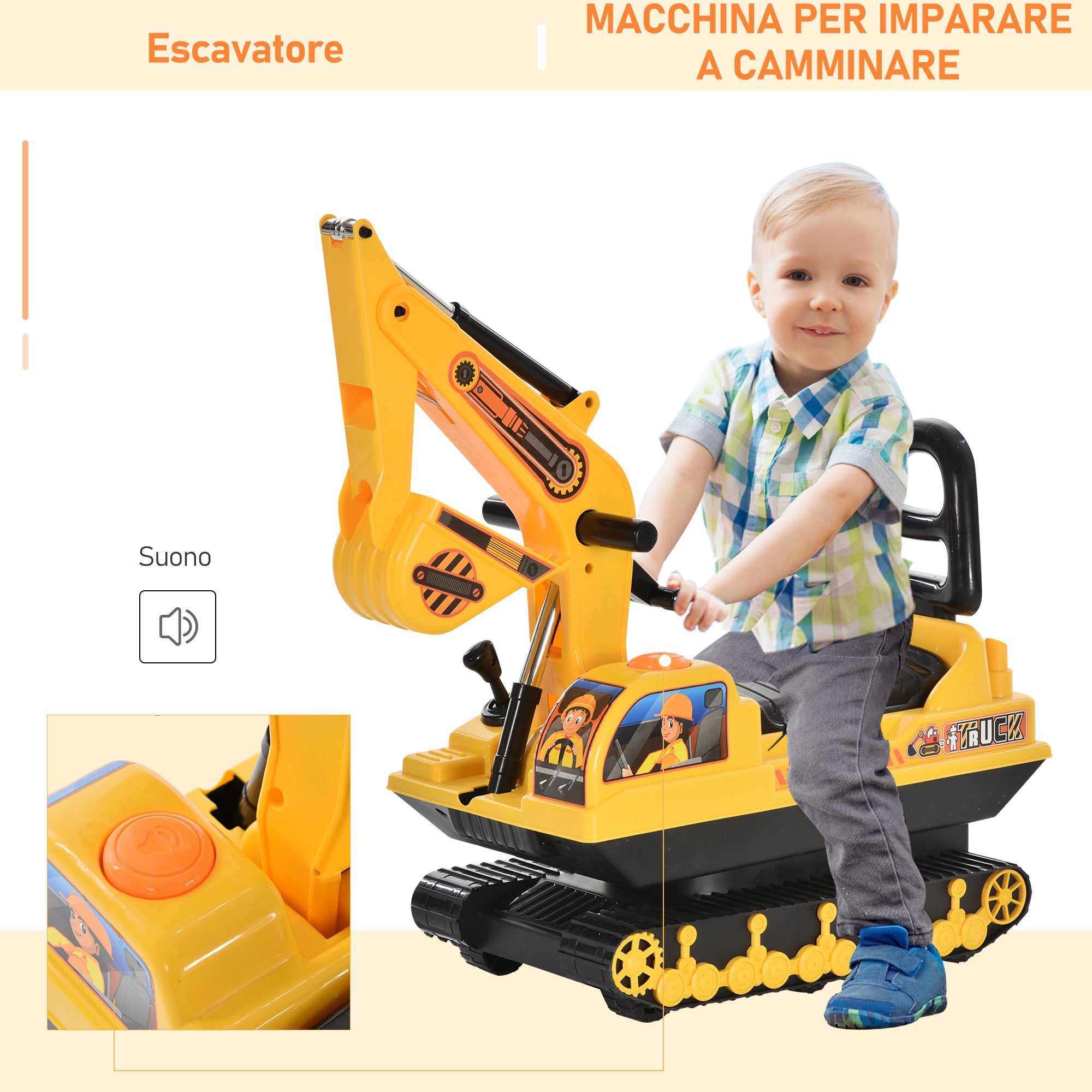 Easycomfort Escavatore Ruspa Giocattolo Cavalcabile per Bambini max. 30 kg con Schienale, Braccio Mobile e Vano Contenitore, 78x24x58.5cm