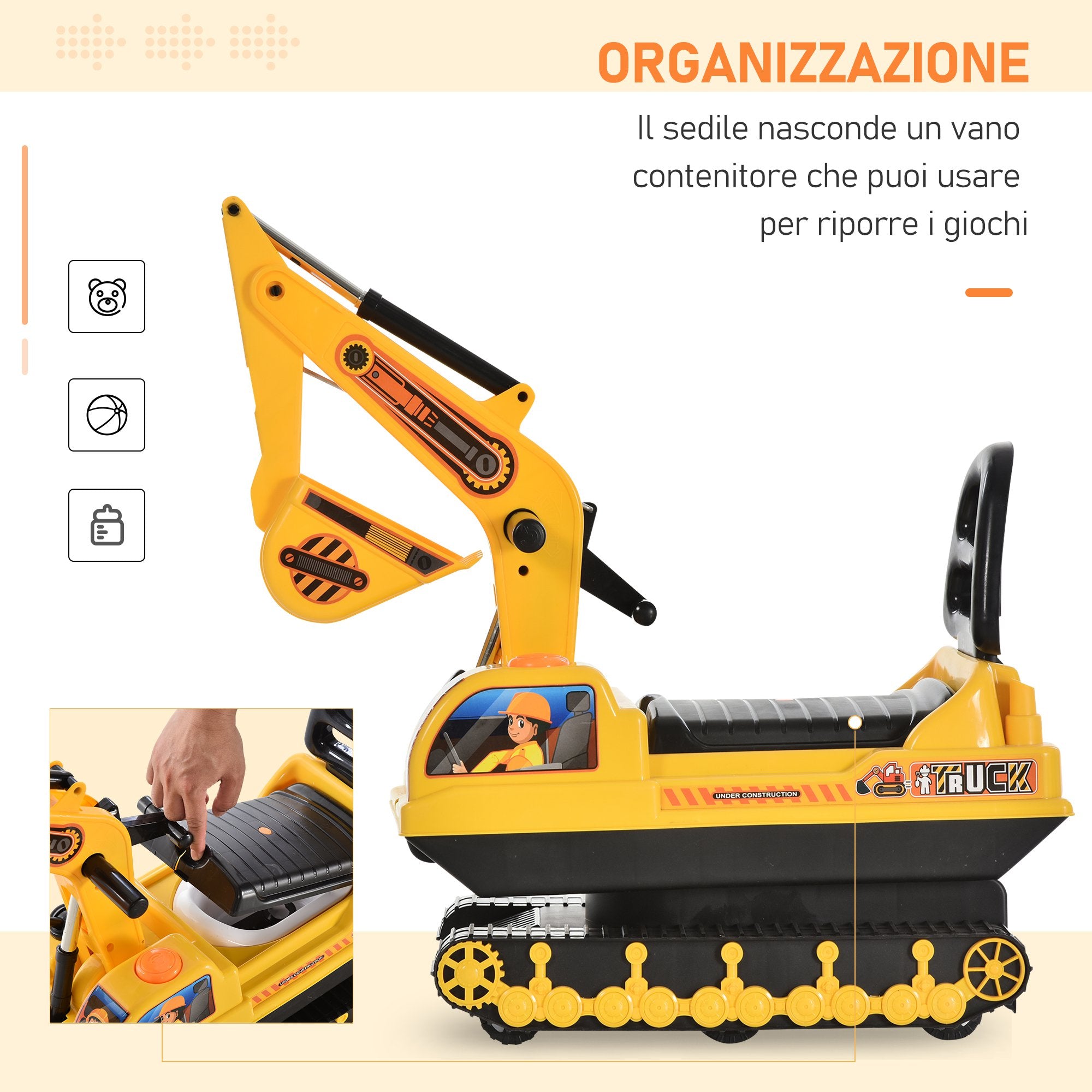 Easycomfort Escavatore Ruspa Giocattolo Cavalcabile per Bambini max. 30 kg con Schienale, Braccio Mobile e Vano Contenitore, 78x24x58.5cm