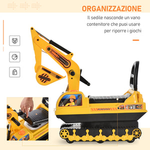 Easycomfort Escavatore Ruspa Giocattolo Cavalcabile per Bambini max. 30 kg con Schienale, Braccio Mobile e Vano Contenitore, 78x24x58.5cm