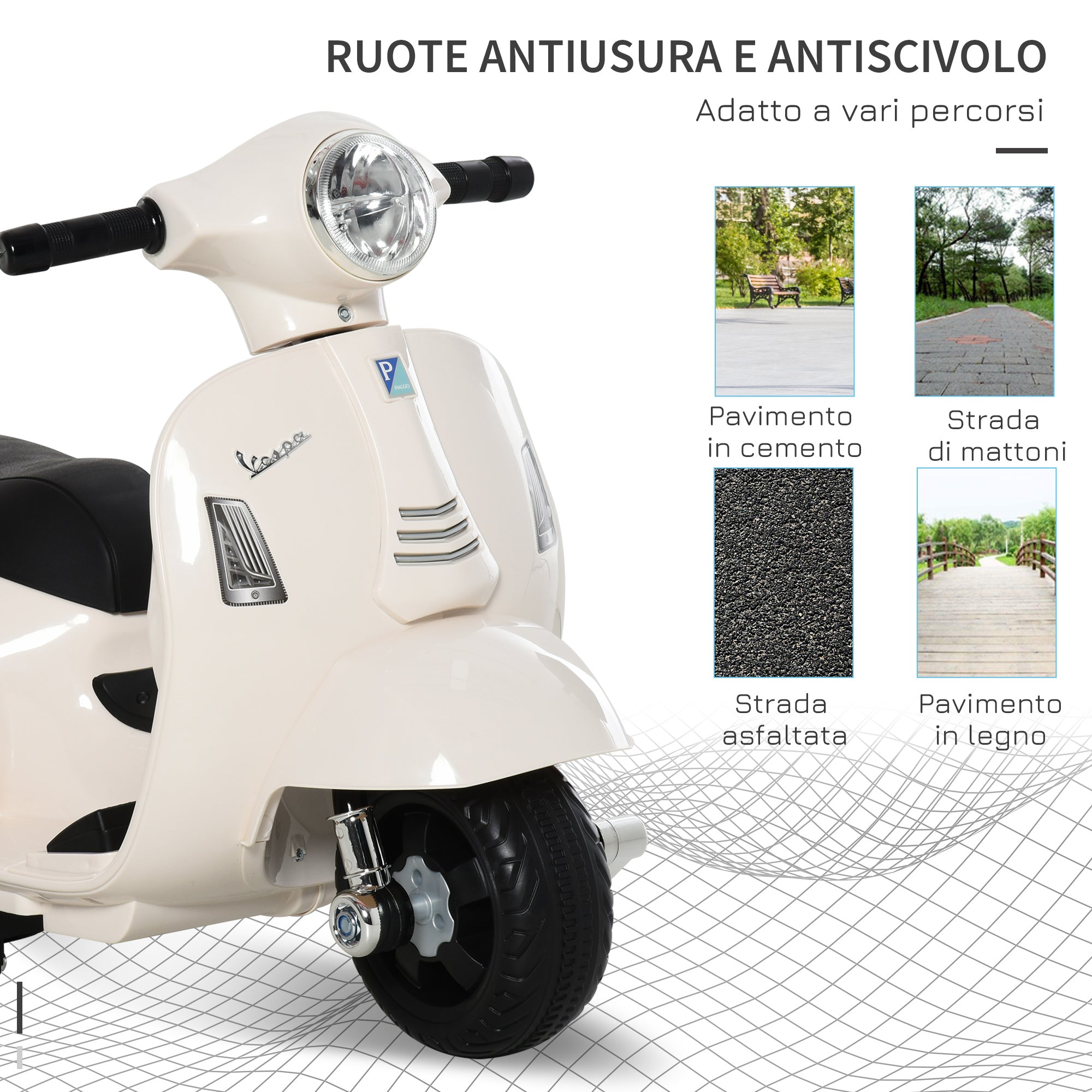 Easycomfort Moto Elettrica per Bambini con Licenza Ufficiale Vespa Batteria 6V, Fari e Clacson, per Bimbi da 18-36 mesi, Bianco, 66.5x38x52cm