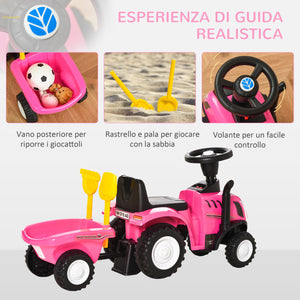 Easycomfort Trattore per Bambini Cavalcabile con Rimorchio, Rastrello e Pala, Gioco Educativo per Bimbi 12-36 Mesi, 91x29x44cm, Rosa