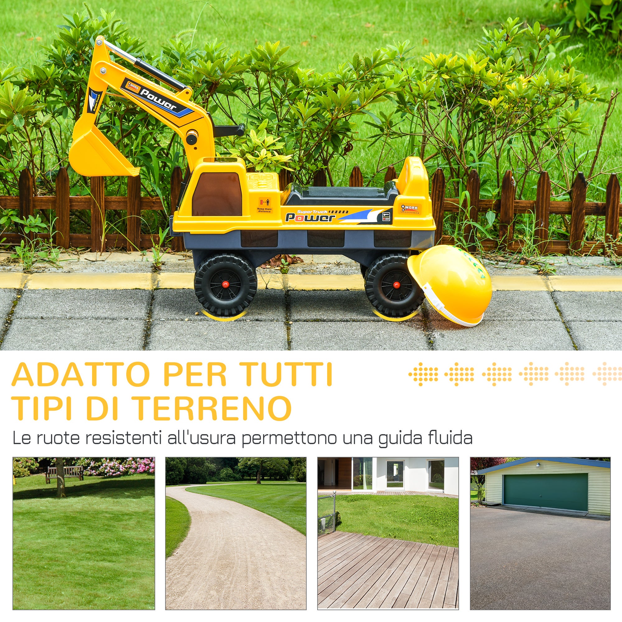 Easycomfort Ruspa Giocattolo 2 in 1 con Escavatore e Mordente, Vano Nascosto, Gioco Cavalcabile Bambini 2-3 Anni, 90x28x58cm, Giallo