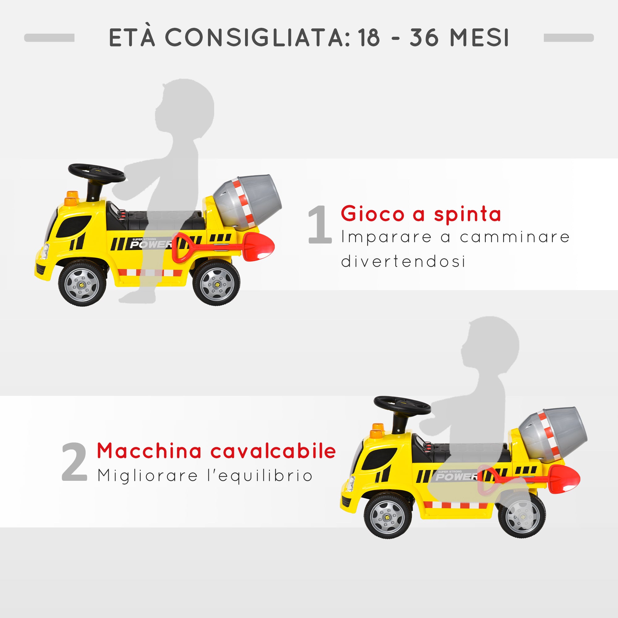 Easycomfort Macchina per Bambini Cavalcabile 2 in 1 con Betoniera, Luci e Suoni, Età 18-36 Mesi, 78x28.2x42cm, Giallo