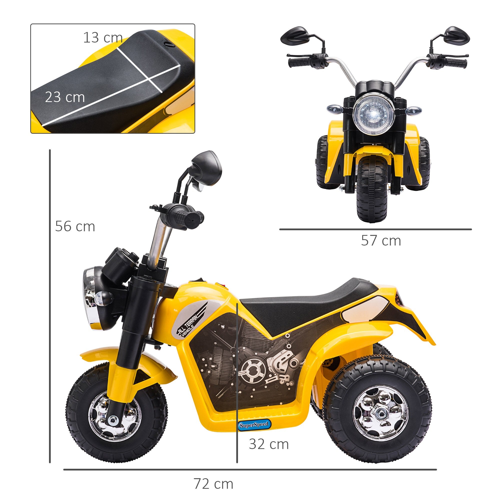 Easycomfort Moto Elettrica per Bambini a 3 Ruote con Luci e Suoni, Batteria Ricaricabile 6V, Velocità 2 km/h, per Bimbi da 18-36 Mesi, 72cmx57cmx56cm Gialla