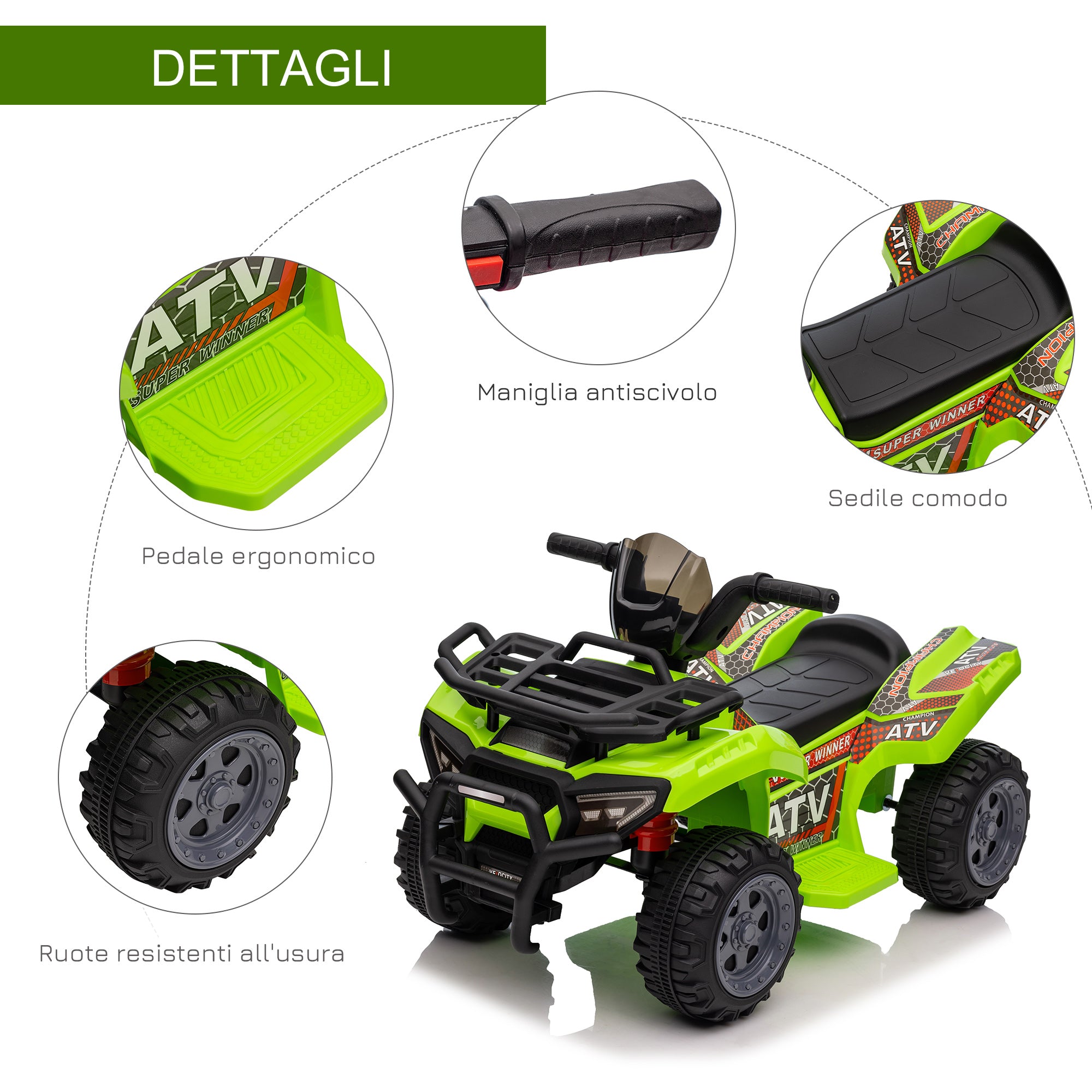 Easycomfort Quad Elettrico per Bambini 18-36 Mesi con Batteria Ricaricabile 6V e Fari, in Metallo e PP, 66x44x42 cm, Verde
