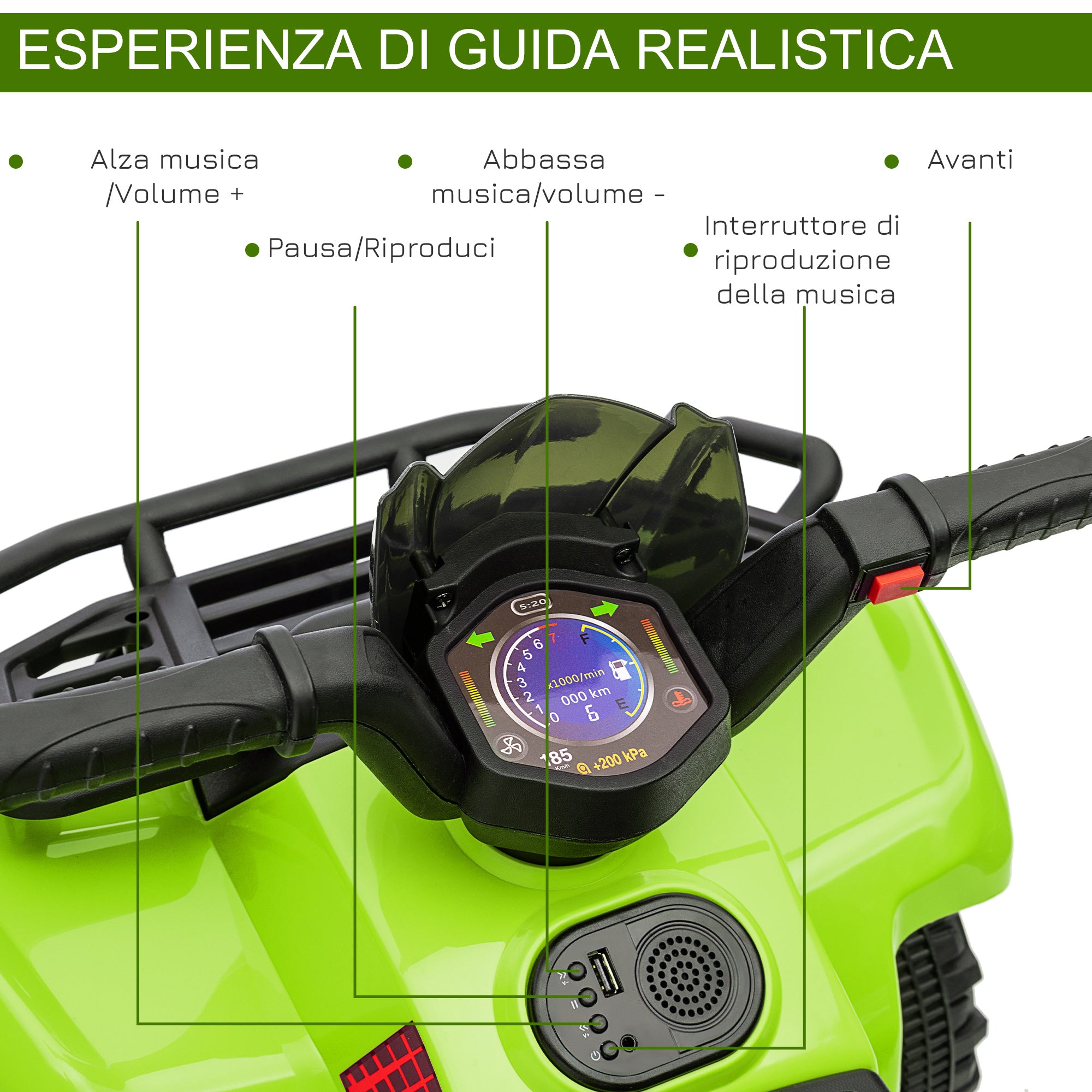 Easycomfort Quad Elettrico per Bambini 18-36 Mesi con Batteria Ricaricabile 6V e Fari, in Metallo e PP, 66x44x42 cm, Verde