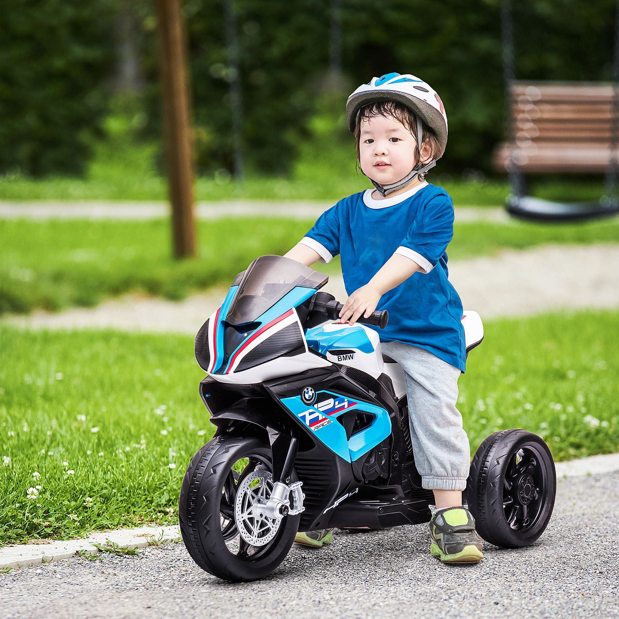 Easycomfort Moto per Bambini 18-60 Mesi Modello BMW HP4 con Fari, Musica e Pedali, in PP e Metallo, 82.5x42x54 cm, Blu