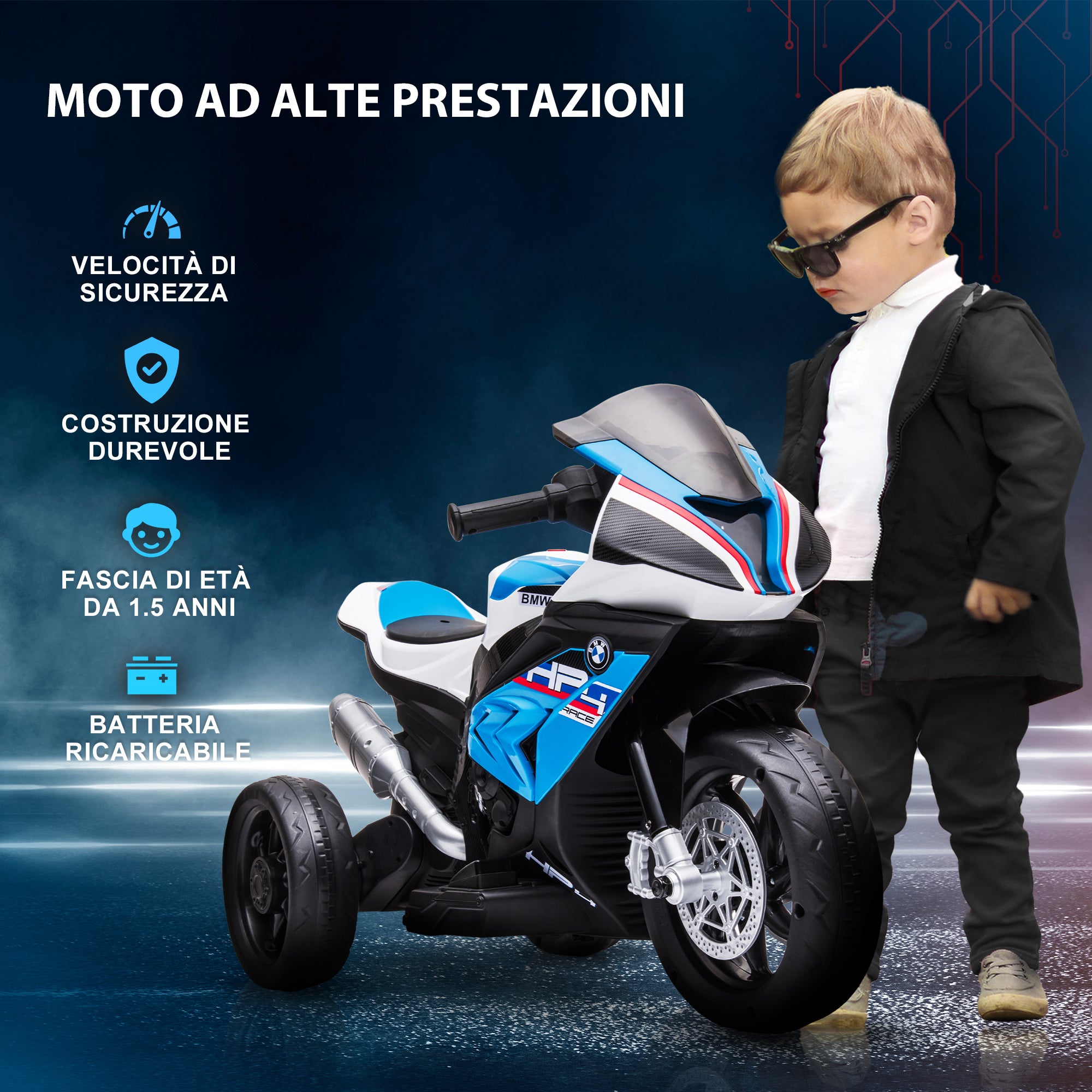 Easycomfort Moto per Bambini 18-60 Mesi Modello BMW HP4 con Fari, Musica e Pedali, in PP e Metallo, 82.5x42x54 cm, Blu