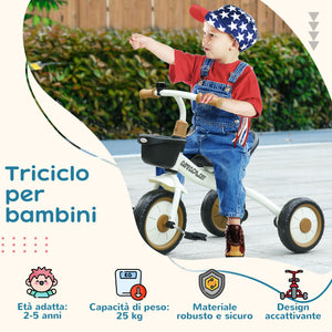 Easycomfort Triciclo per Bambini da 2-5 Anni con Seduta Regolabile e Campanello, 70.5x50x58cm, Bianco