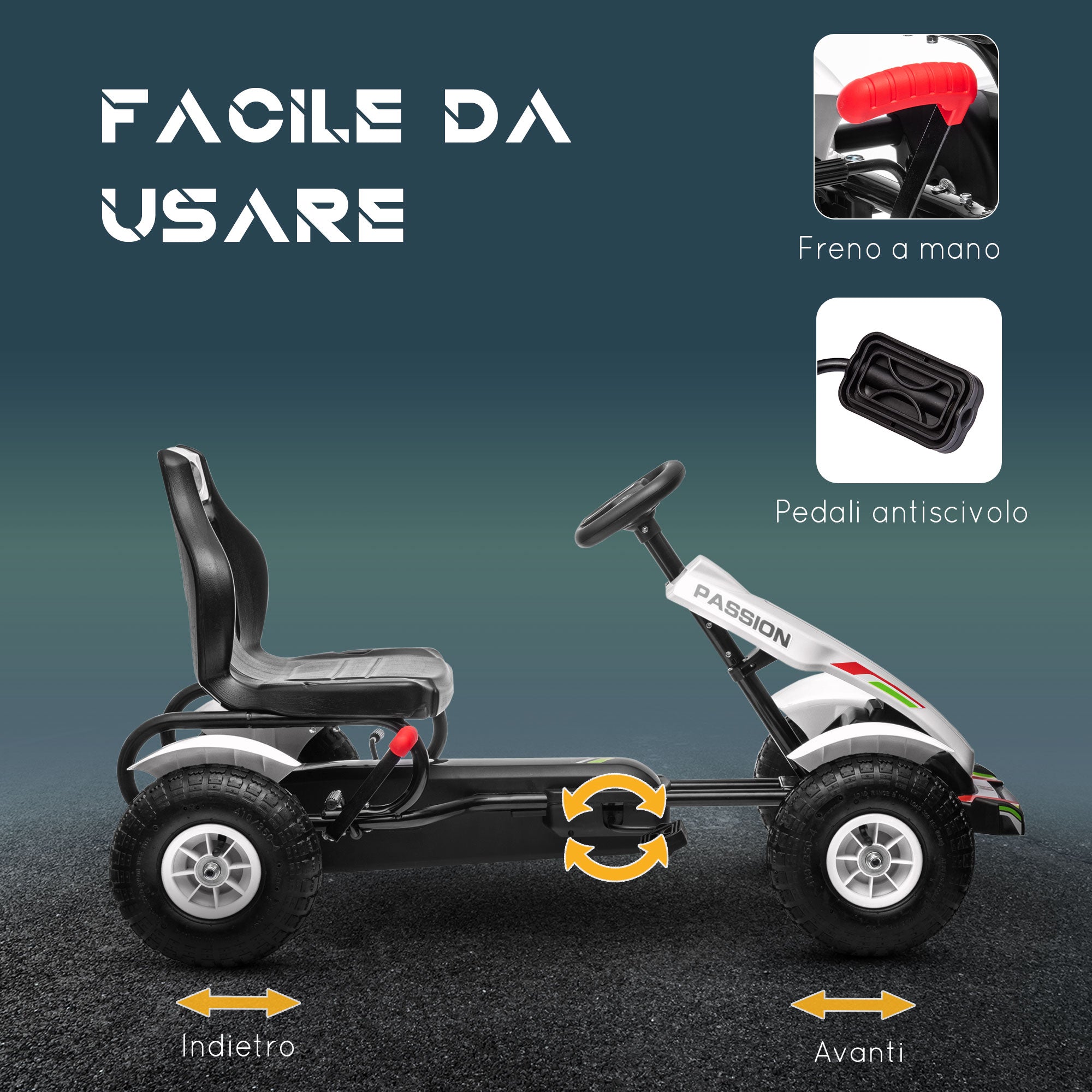 Easycomfort Go Kart a Pedali per Bambini 5-12 Anni in Plastica e Metallo con Sedile Regolabile e Freno a Mano, 121x58x61 cm