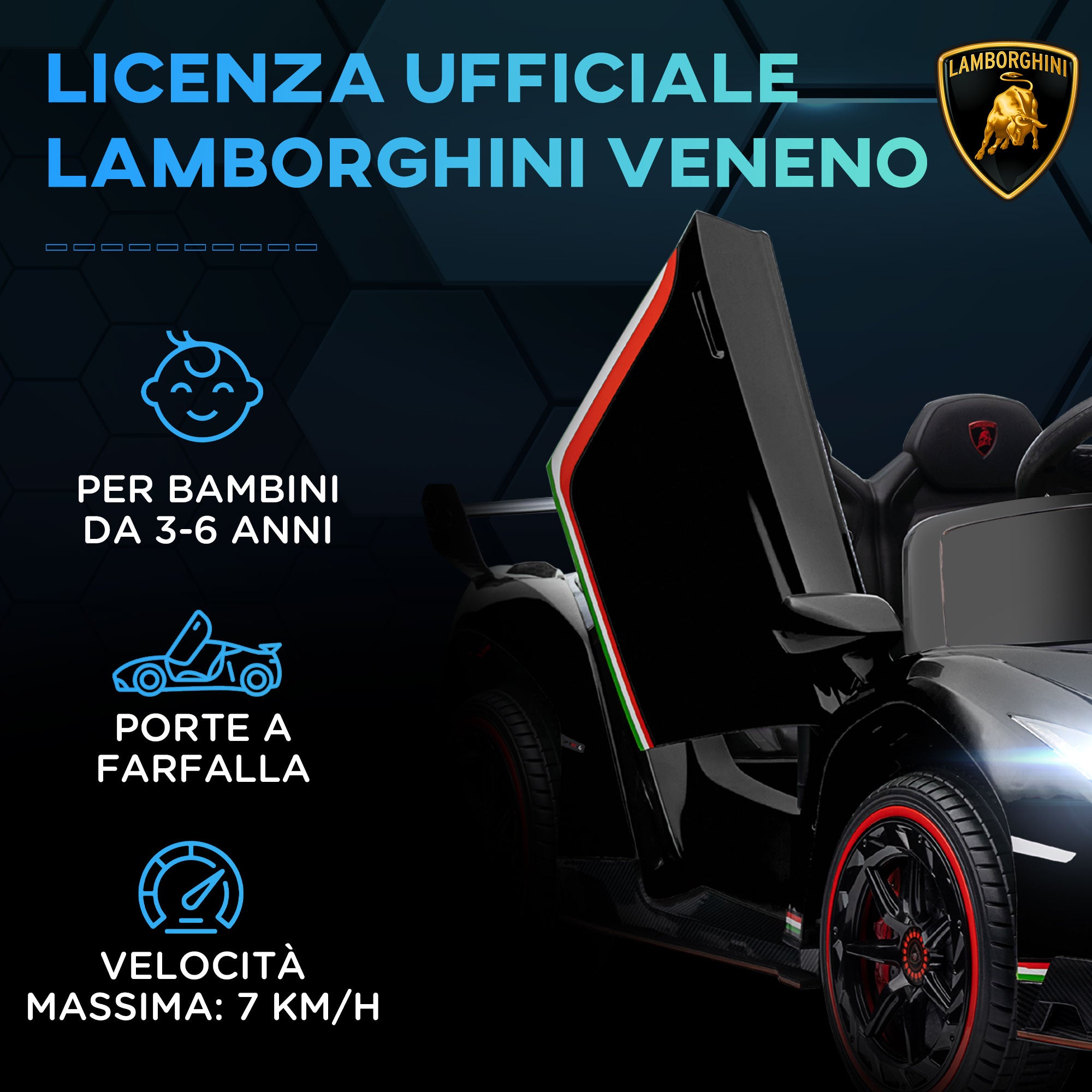 Easycomfort Macchina Elettrica per Bambini Lamborghini Veneno 12V con Telecomando, Età 3-6 Anni, Nero