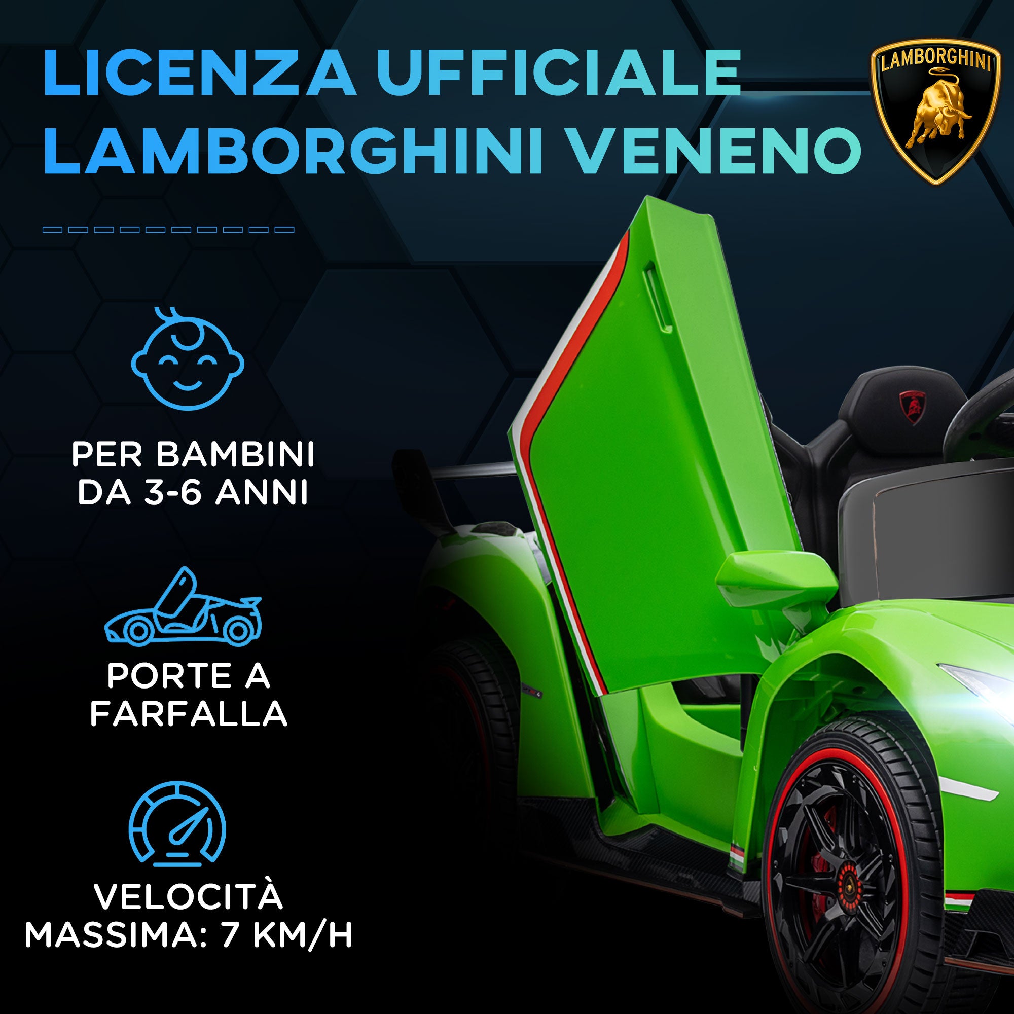 Easycomfort Macchina Elettrica per Bambini Lamborghini Veneno 12V con Telecomando, Età 3-6 Anni, Verde