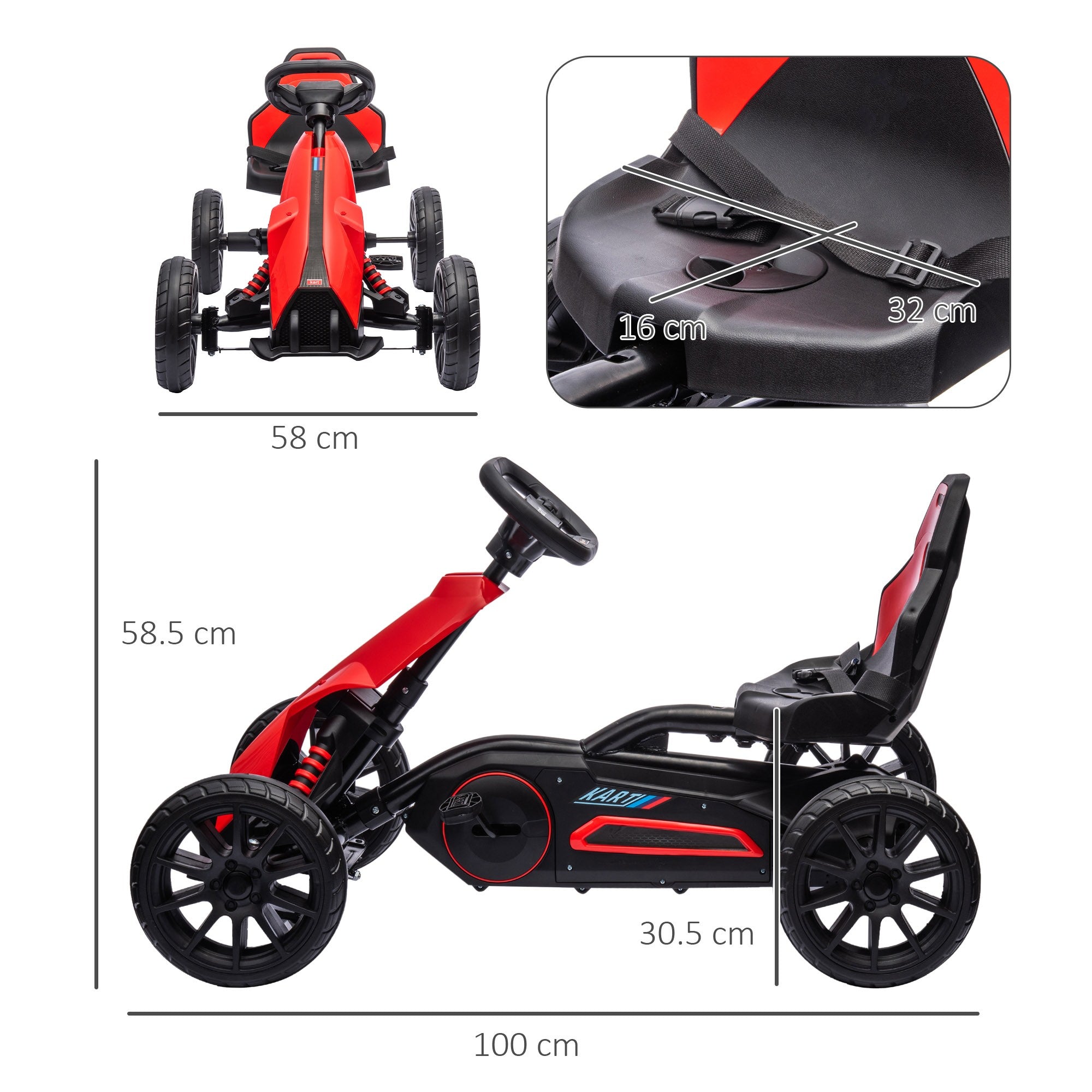 Easycomfort Go Kart a Pedali per Bambini 3-8 Anni con Sedile Regolabile e Ruote in EVA, 100x58x58.5 cm, Rosso Nero