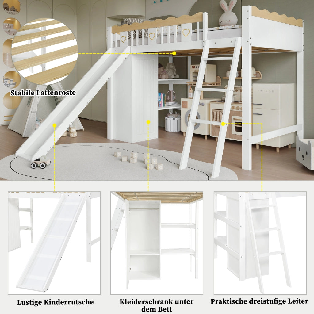 Letto a castello bianco e naturale con scivolo per bambini in legno massiccio e MDF 90x200 cm