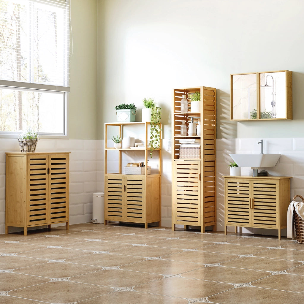 Mobile Bagno con 2 Ripiani Aperti e Armadietto 2 Ante ¨C Zephmum ¨C Bamb¨´ 60x30x120cm