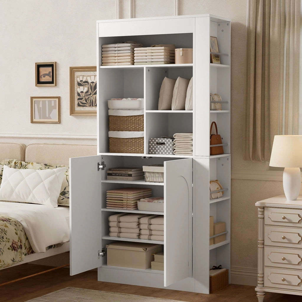 Mobile contenitore con ripiani aperti, 2 ante e ripiani regolabili, per soggiorno, bianco, 85 × 35 × 180 cm
