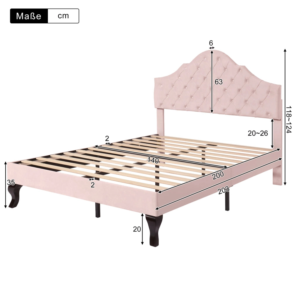 Letto imbottito 140x200 cm in velluto rosa con rete a doghe e testiera regolabile