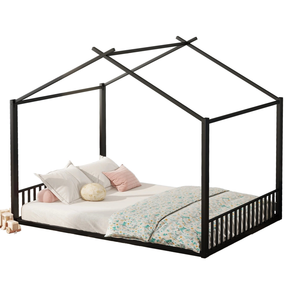 Letto per bambini in ferro nero 140x200 cm con struttura a forma di casa
