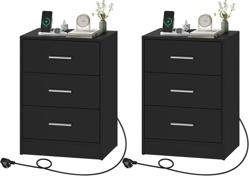 Set di 2 Comodini, Comodini con Stazione di Ricarica, con 3 Cassetti, Neri, per Soggiorno Camera da Letto Studio, 39x28.5x54.5cm