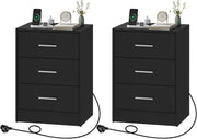 Set di 2 Comodini, Comodini con Stazione di Ricarica, con 3 Cassetti, Neri, per Soggiorno Camera da Letto Studio, 39x28.5x54.5cm