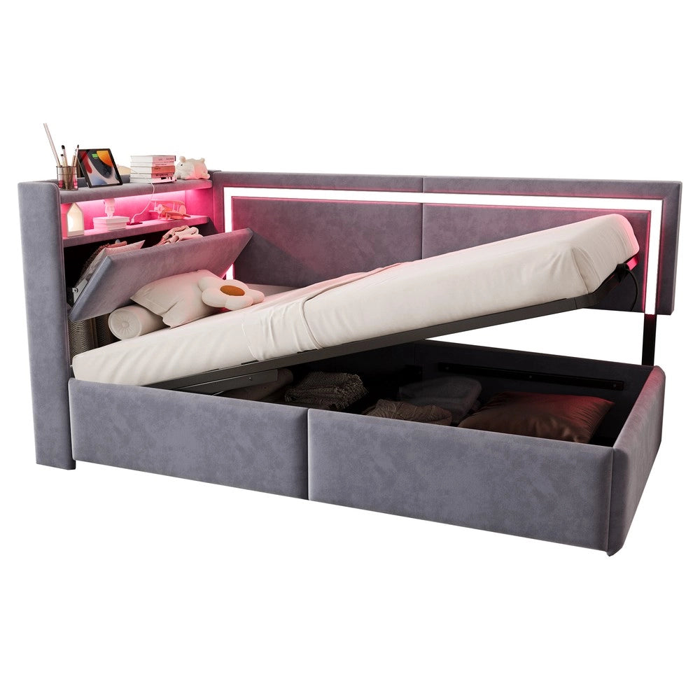 Letto Imbottito Contenitore con LED ¨C Xylo ¨C Velluto Grigio Chiaro 90x200