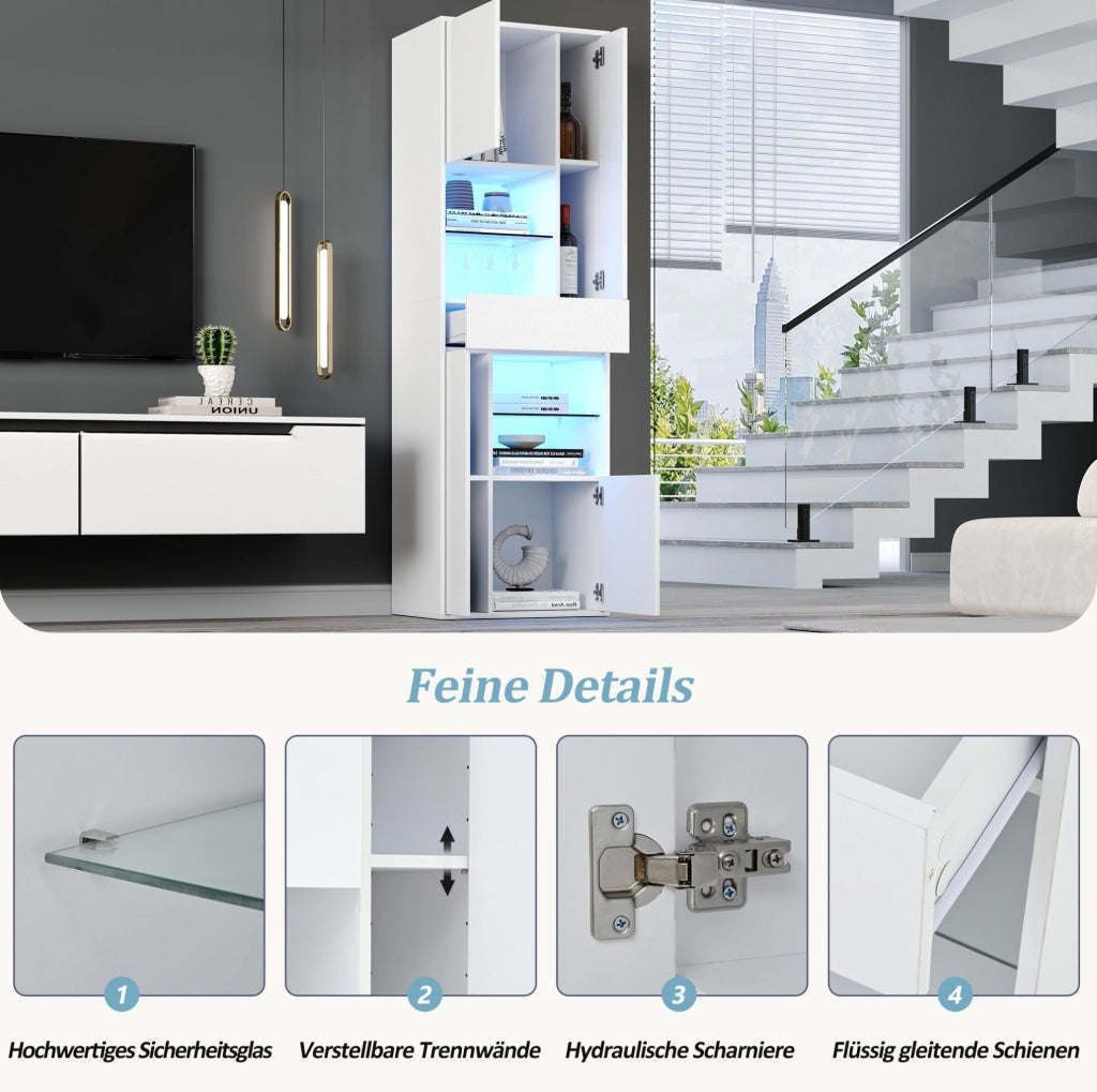 Vetrina alta bianca 55 x 38 x 170 cm con LED e 1 cassetto