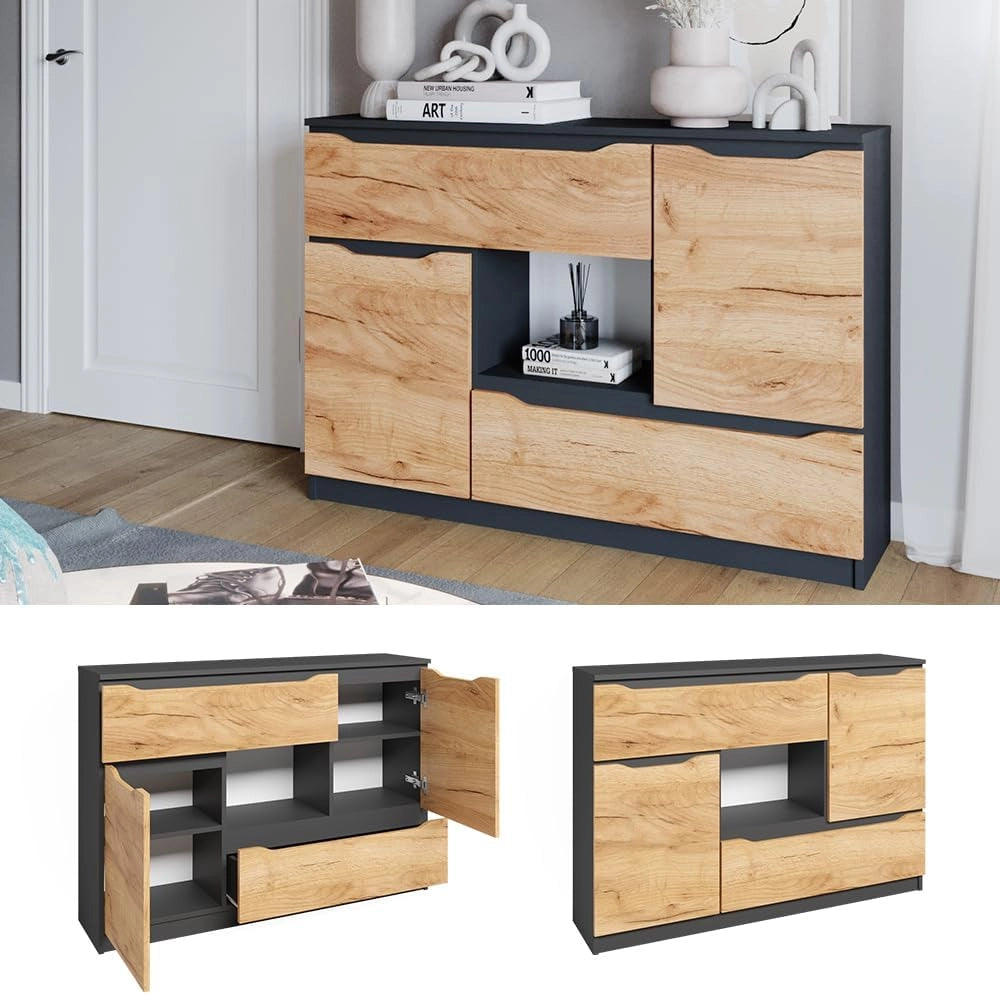 Cassettiera per camera da letto Ruben, Quercia dorata, 120 x 84 cm con cassetti, per riporre abiti e oggetti di uso quotidiano