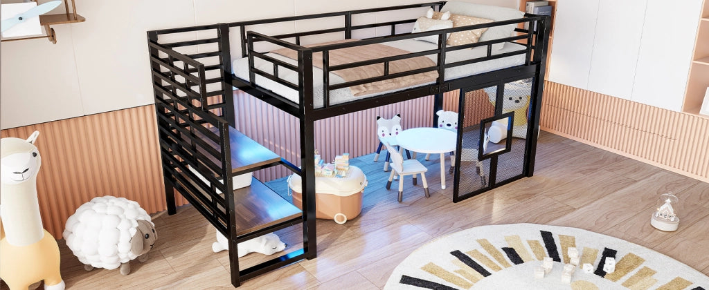 Letto alto in metallo 90x200 con scaletta illuminazione a LED contenitore ferro nero e MDF