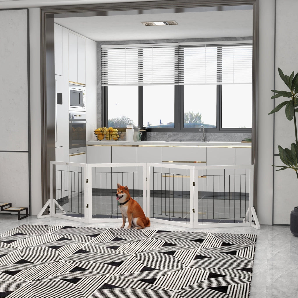 Cancellino per Cani Pieghevole con 4 Pannelli e Piedini Triangolari, 280x70 cm, Bianco