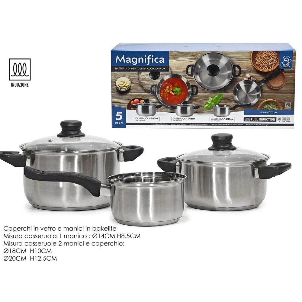 Trade Shop - Batteria Di Pentole 5 Pezzi Cucina Magnifica In Acciaio Inox Con Fondo Full Induction -