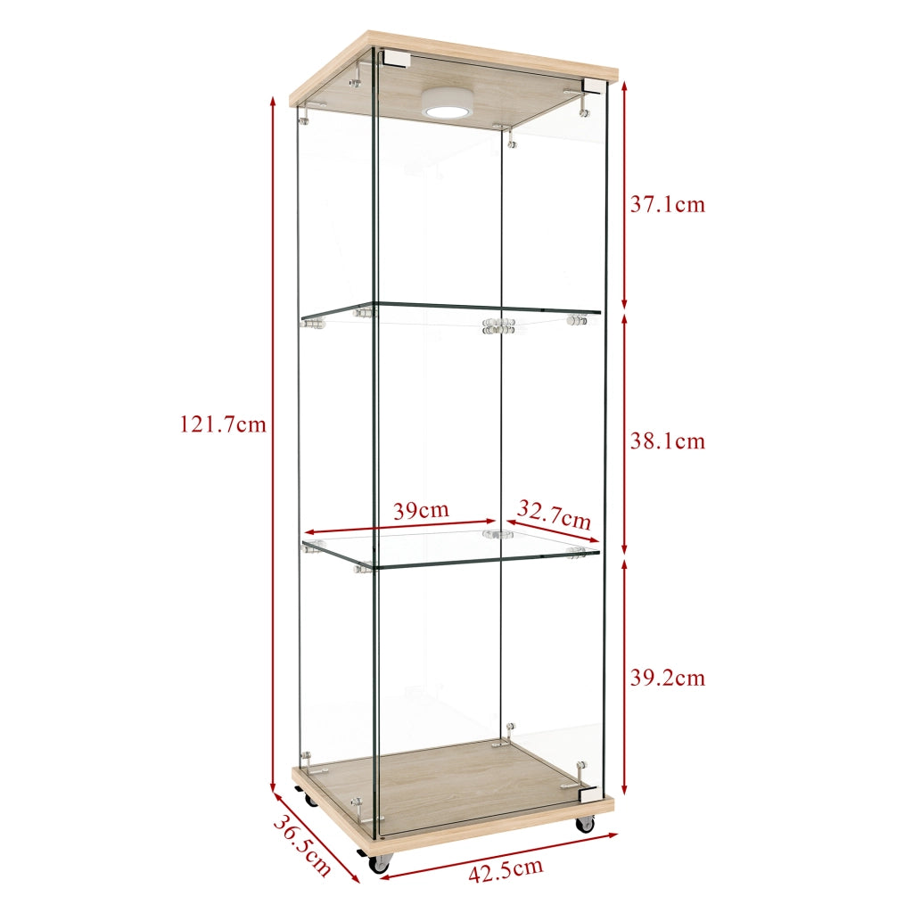 Vetrina in vetro con led e 1 anta, 3 ripiani, per soggiorno e camera da letto, natural, 124.5 × 49.0 × 11.7 cm