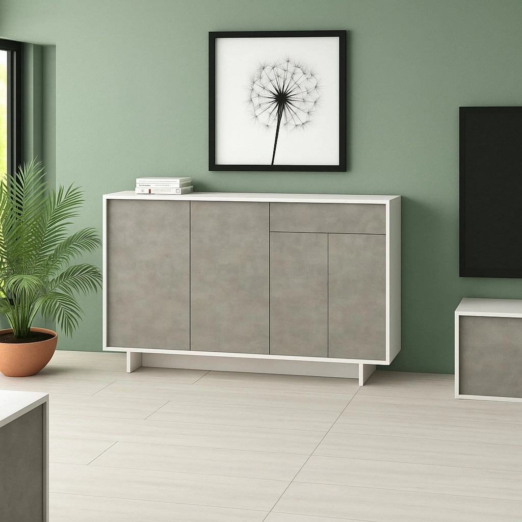 Credenza Arius, Madia da salotto, Buffet da soggiorno a 3 ante e 1 cassetto, 100% Made in Italy, 134x35h87 cm, Bianco e Cemento