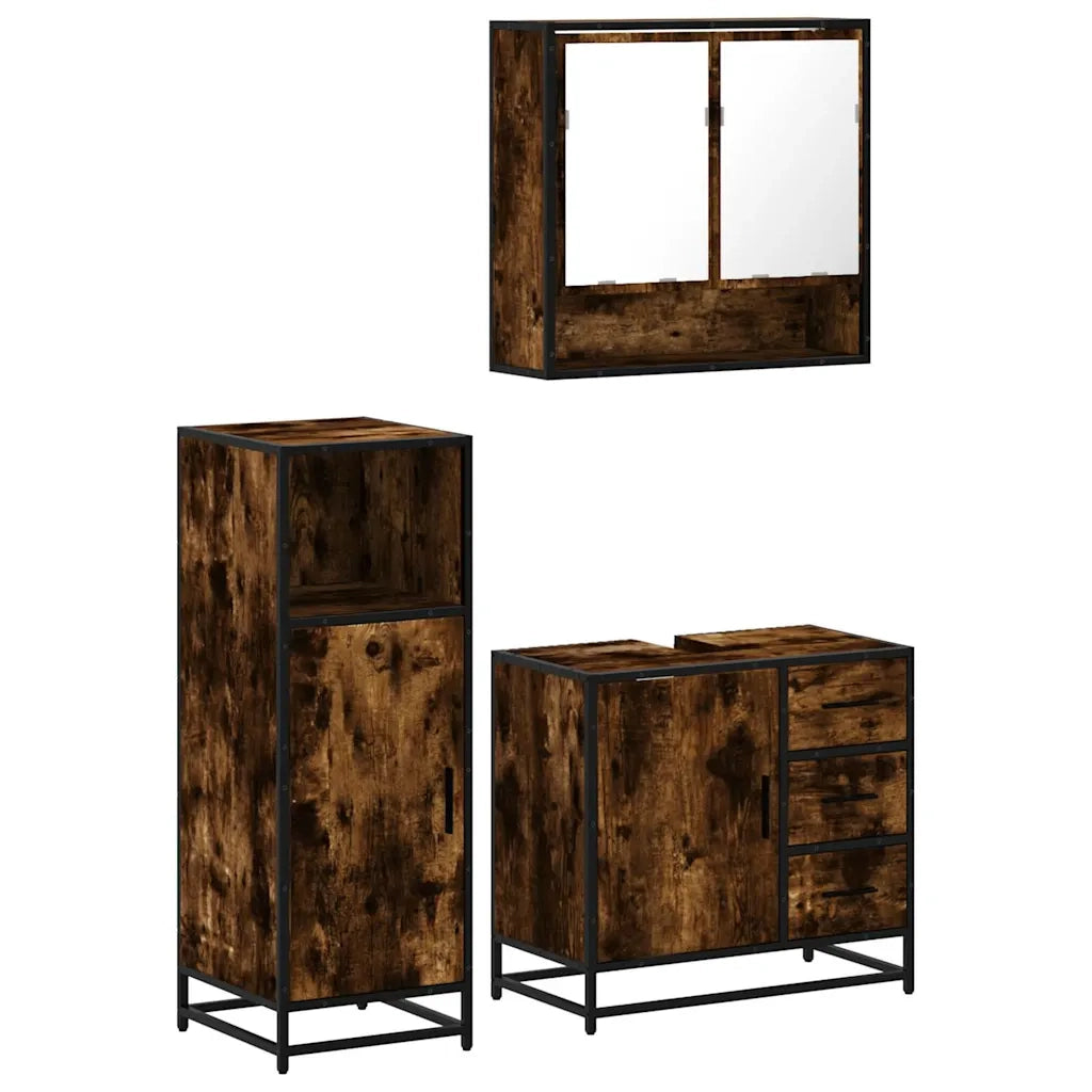 Set Mobili da Bagno 3 pz Rovere Fumo in Legno Multistrato
