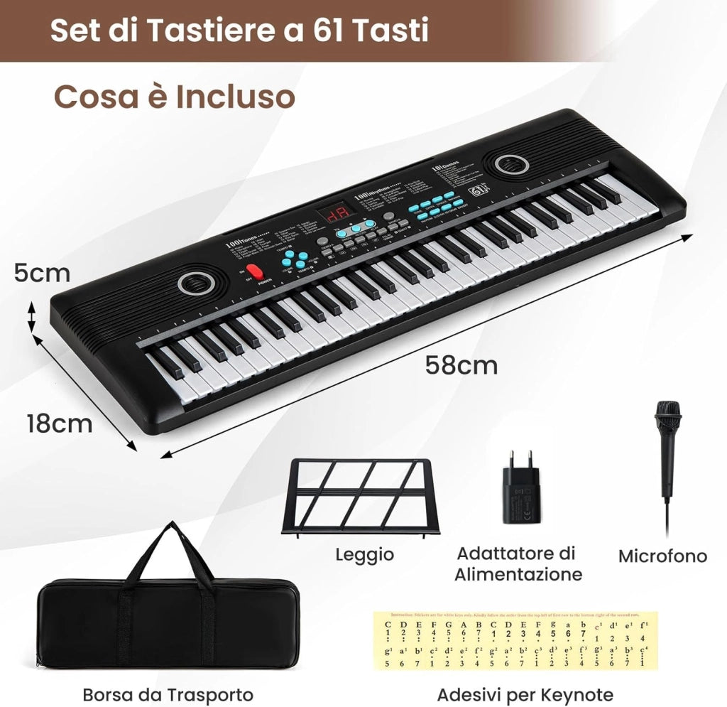 Pianoforte Digitale a 61 Tasti, Pianoforte Elettronica con Supporto, Microfono, Pianoforte Portatile con Adesivi per Tasti e Borsa da Trasporto, per Bambini e Adulti (Nero)
