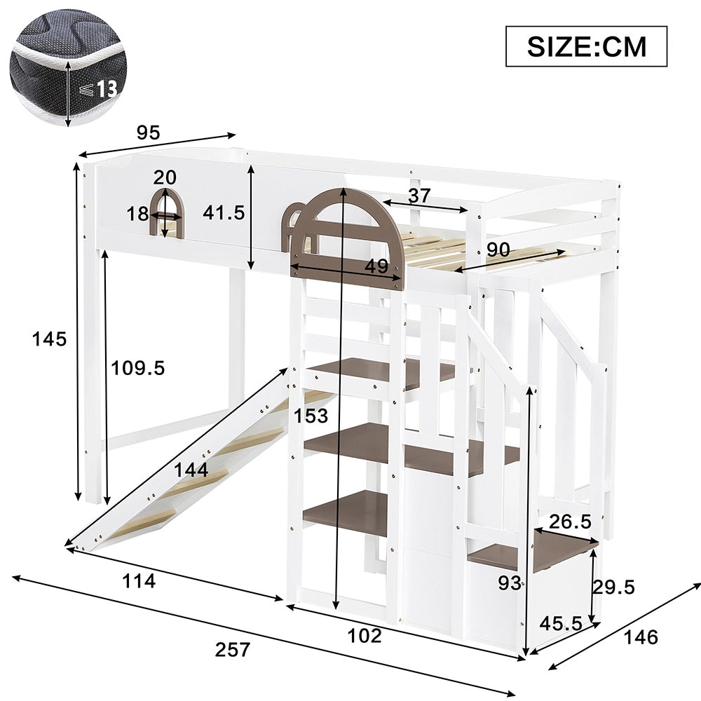 Letto a castello con scivolo e finestra - Xylo - 90x200cm bianco/marrone, 2 ripiani