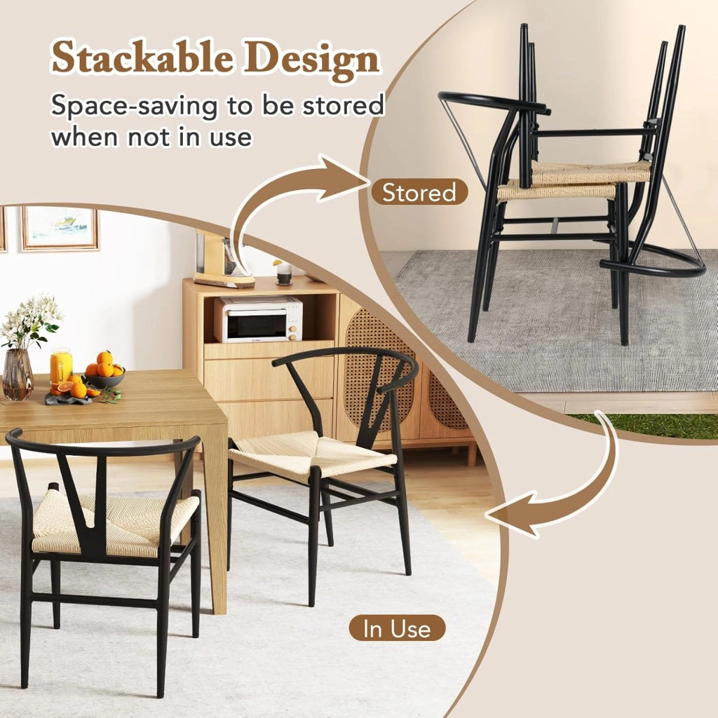Set di 2 sedie da pranzo impilabili, da cucina, da soggiorno, con schienale e ampia seduta in rattan, portata 150 kg, con gambe in metallo, set di sedie 54 x 59 x 73 cm