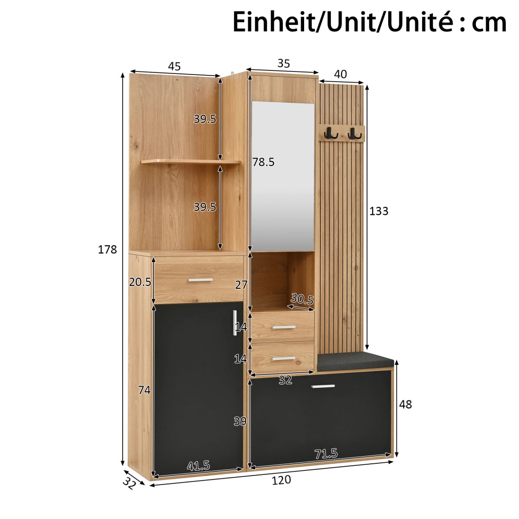 Mobile ingresso multifunzione con specchio; panca; 1 anta; cassetti; vano scarpe a ribalta e LED; per ingresso; 120 × 32 × 178 cm