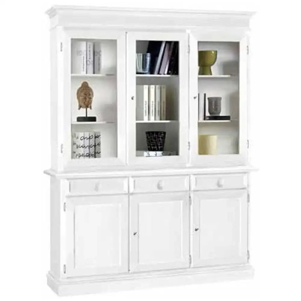 Cristalliera 6 ante 3 cassetti arte povera in legno massello e mdf con rifinitura in bianco 156x42x205 H