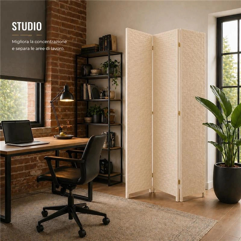 SEPARE' CON TRE PANNELLI IN PLASTICA BEIGE CON STRUTTURA IN LEGNO MISURE: 180X135CM